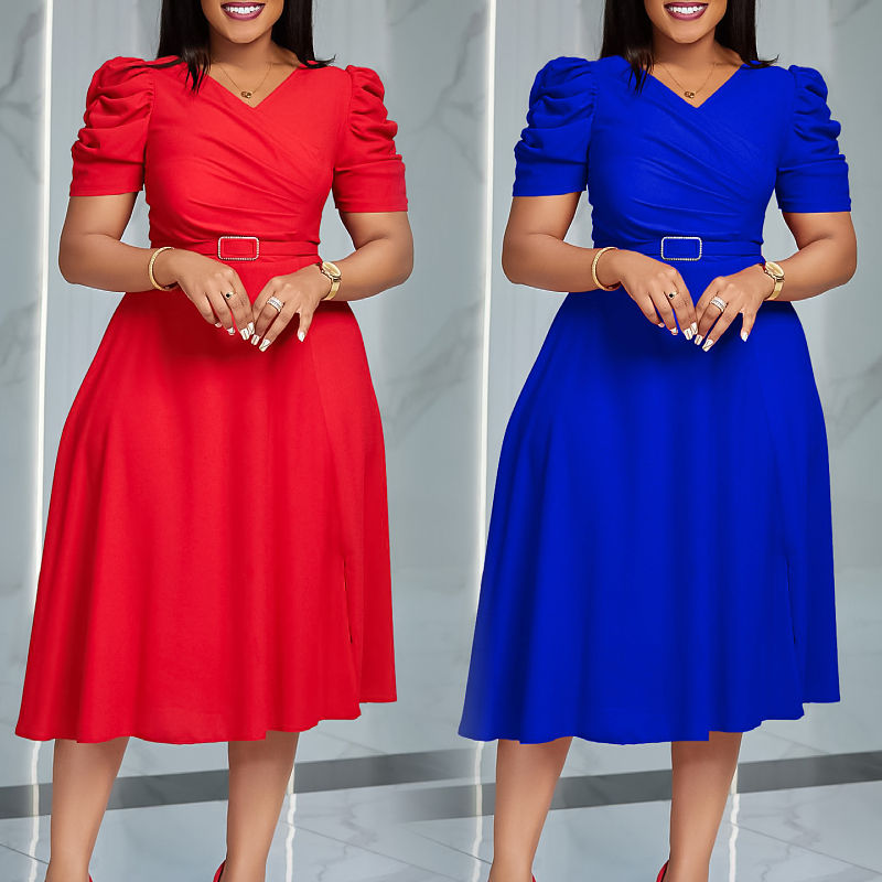 Women's new V-neck short-sleeve waist-flattering elegant pleated swing casual dress in plus size