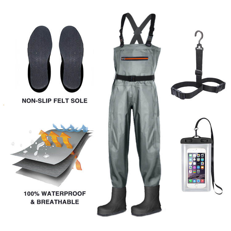 Full-body waterproof breathable chest-zip waders with long sock-foot pants, felt sole, unisex for fishing and wading