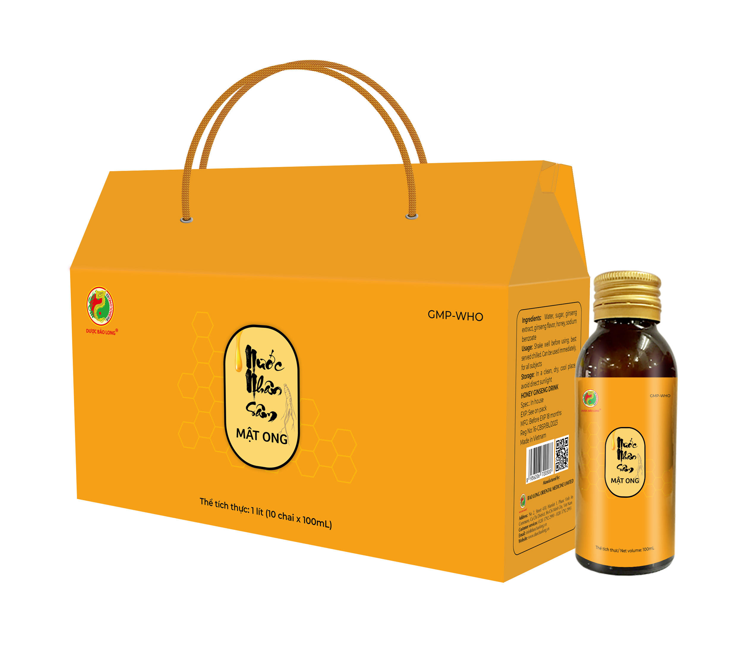 Natural honey ginger drink with energizing ginseng properties, boxed nutritional sweet dietary supplement, food and beverage